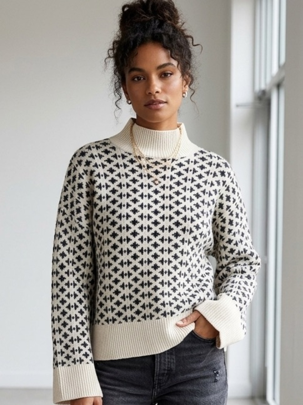 For The Republic Cream and Black Patterned Turtleneck Sweater